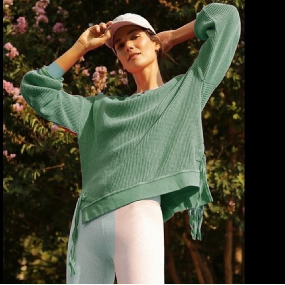 Anthropologie Saturday Sunday Aliana Green Waffle‎ Knit Top Tie Sides Size XS